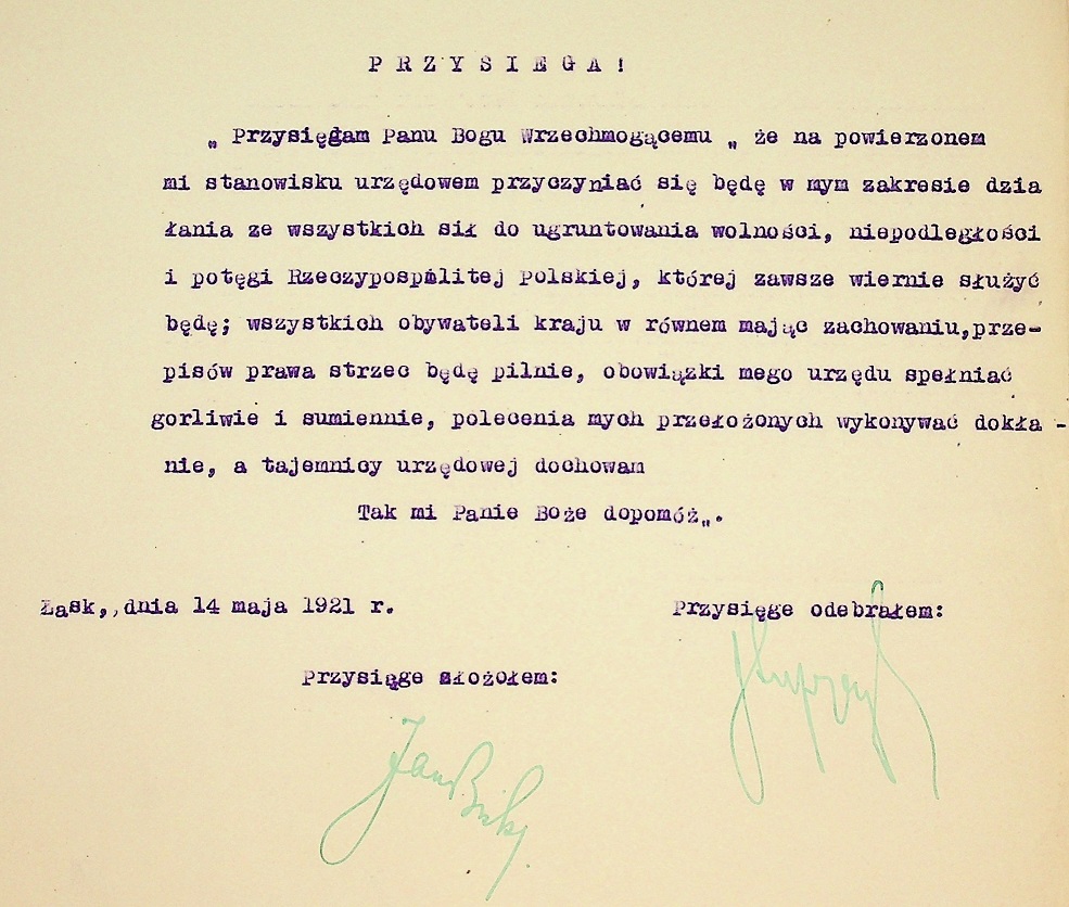 Rota przysięgi urzędniczej, podpisana przez Jana Bielskiego, 1921 r.